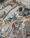 Storage area of a construction site with lots of different equipment and material, Sweden