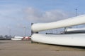 Storage area for wind turbine rotor blades in an industrial area in Germany Royalty Free Stock Photo