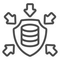 Storage array on shield with arrows line icon, data protection concept. Vector graphics. Hard disks, data under attack Royalty Free Stock Photo