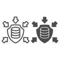 Storage array on shield with arrows line and solid icon, data protection concept. Vector graphics. Hard disks, data