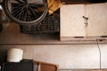 Storage, bicycle and tools in shed house with old wood interior and rust with trash. Home, garage and bike in slum with Royalty Free Stock Photo