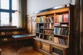 Storage of books. Large old library in the Gothic style. Shelves and rows with books. City Library at the City Hall of Denmark