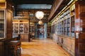 Storage of books. Large old library in the Gothic style. Shelves and rows with books. City Library at the City Hall of Denmark