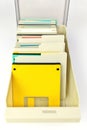 A storage box of 3.5 Inch Floppy disks for background. Retro digital storage technology. Royalty Free Stock Photo