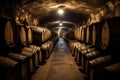 Storage cellar with barrels making wine or whisky bottles. Generative AI