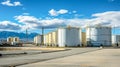 Storage of chemical products like oil, petrol, gas. View oil storage tank terminal and tanker, petrol industrial zone.