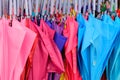 Storage of different colors umbrella. Colorful umbrellas background. Royalty Free Stock Photo