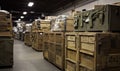 Storage facility filled with military-style crates and boxes stacked neatly, organized for efficient inventory