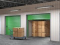 storage hall with open storages door and wheelbarrow with boxes Royalty Free Stock Photo