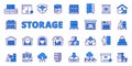 Storage icons in line design blue. Container, warehouse, box, pallet, warehousing, garage, stockroom isolated on white Royalty Free Stock Photo