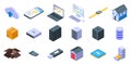 Storage icons set, isometric style