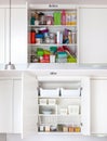 Before and after concept. Storage ideas in the kitchen. Shelf order system. Royalty Free Stock Photo