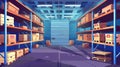 Storage interior with pallet and box rack illustration modern. Stockroom with shelves inside for carton parcels. Cartoon office Royalty Free Stock Photo