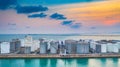 Storage of liquid chemical and petrochemical products tank, Aerial view at sunset