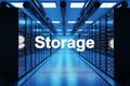 Storage logo in large modern data center with multiple rows of network internet server racks, 3D Illustration Royalty Free Stock Photo