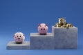 storage of money in piggy banks. a podium on which piggy banks and stacks of coins. 3D render