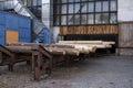 Storage of piles of wooden boards on the sawmill. Sawing drying and marketing of wood. Pine lumber for furniture