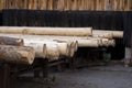 Storage of piles of wooden boards on the sawmill. Sawing drying and marketing of wood. Pine lumber for furniture