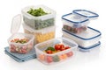 Storage plastic food containers isolated over white Royalty Free Stock Photo