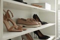 Storage rack with stylish women`s shoes Royalty Free Stock Photo