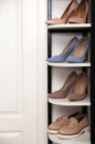 Storage rack with stylish women`s shoes near door in hallway Royalty Free Stock Photo