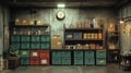 Storage room with shelves filled with boxes, jars, and organized containers in a rustic setting. Generative AI Royalty Free Stock Photo