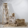 Storage room. Wooden stairs, wicker baskets on mat. Copy space. Place for text. Copy space