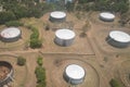 Storage tanks from above, aerial of oil, gasoline silos