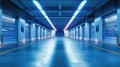 Storage unit hallway with bright blue neon lights Royalty Free Stock Photo