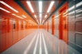 Storage units rent. Man in warehouse hallway. Guy carries boxes into storage units. Doors to warehouse units are closed Royalty Free Stock Photo