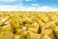 Storage and utilization of nuclear radioactive waste concept background. Heap of yellow barrels with radioactive sign Royalty Free Stock Photo