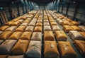 Storage warehouse filled with rows of grain sacks, showcasing efficient organization Royalty Free Stock Photo