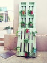storage wooden pallet used in gardening for a wall decoration as shelf for flower pots