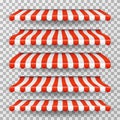 Store awning. Grocery market striped roofs. Red and white shop canopy. Restaurant window tent vector isolated set