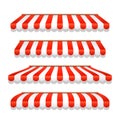 Store awning shop canopy. Store tent red striped roof front view. Restaurant, grocery or cafe awning street umbrella