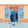 Store broken. Robbery concept. Broken doors facades of store. Crime scene vandalism, cracked glass, goods. Vector