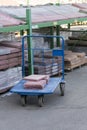 Store building materials and street tiles. Display of decorative paving stones and road bricks at a stoneyard shop organized on