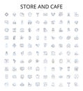 Store and cafe outline icons collection. Store, Cafe, Shopping, Restaurant, Dine, Food, Beverage vector illustration set Royalty Free Stock Photo