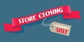 Store closing sale vector illustration, background with red ribbon and price tag Royalty Free Stock Photo