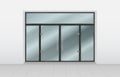 Store entrance. Realistic glass doors. Shop storefront. Exterior front of office or supermarket. View of mall wall Royalty Free Stock Photo