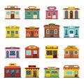 Store facade front shop icons set, flat style