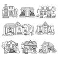 Store facade set: wine store, boutique, bakery, toys, book shop, pharmasy, farm market, flowers. Hand drawn vector