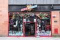 Store facade, window display and entrance to Geekaboo comic book shop Royalty Free Stock Photo
