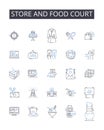 Store and food court line icons collection. tore, Shop, Boutique, Outfitter, Emporium, Market, Supermarket vector and