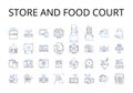 Store and food court line icons collection. tore, Shop, Boutique, Outfitter, Emporium, Market, Supermarket vector and