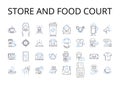 Store and food court line icons collection. tore, Shop, Boutique, Outfitter, Emporium, Market, Supermarket vector and