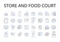 Store and food court line icons collection. tore, Shop, Boutique, Outfitter, Emporium, Market, Supermarket vector and