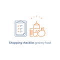 Store food and drink order, grocery special offer promotion, checklist and clipboard vector line icon