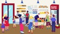 Store with food, vector illustration. Woman man customer people character at grocery, supermarket make retail purchase