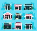 Store front. Cartoon local shop facade with window and door, small retail business exterior with showcase and awning Royalty Free Stock Photo